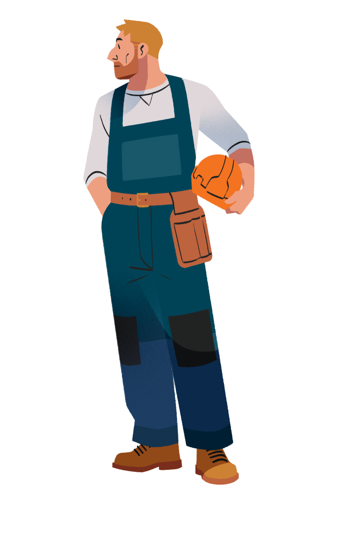 A cartoon illustration of a man with a beard and suspenders, holding a hardhat and wearing a tool belt