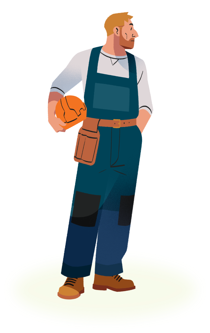 A cartoon illustration of a man with a beard and suspenders, holding a hardhat and wearing a tool belt