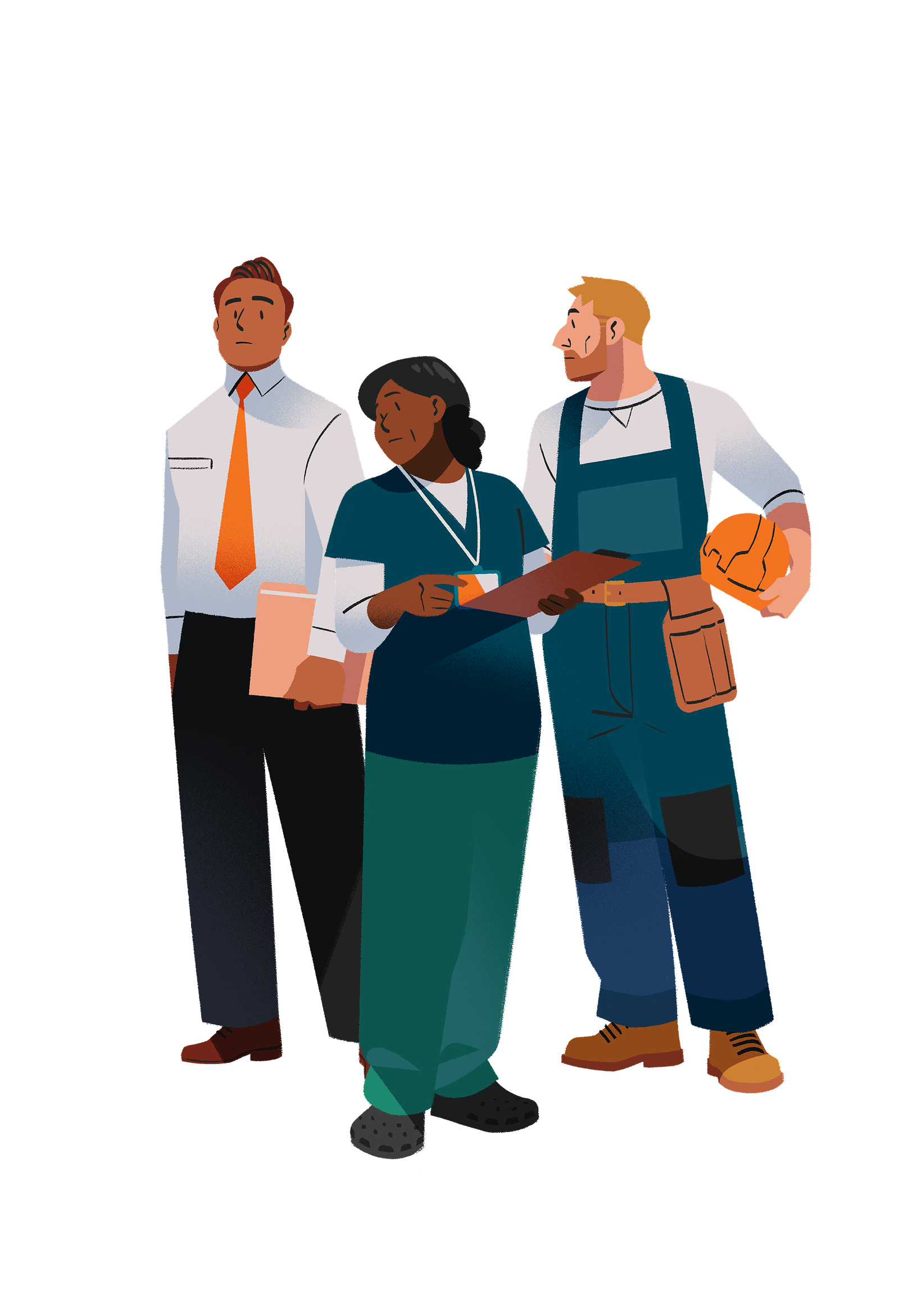 Illustration of three professionals: a businessman with an orange tie holding files, a healthcare worker with a clipboard and badge, and a construction worker holding an orange hard hat.