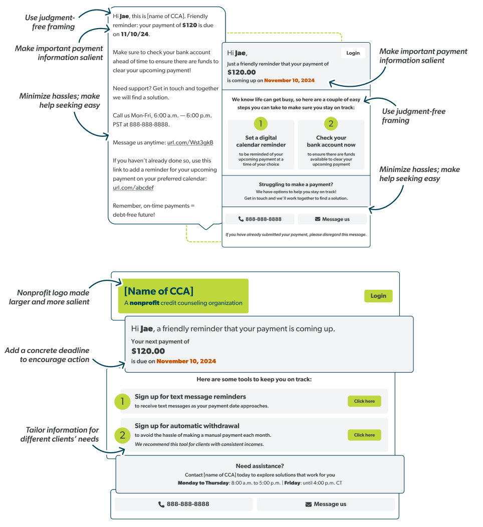 A screenshot of a redesigned text message and landing page, showing judgement-free framing, salient information, and easy help-seeking links.