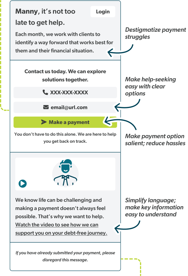A screenshot of a landing page for a CCA client, highlighting rephrased language, clear options for finding solutions, a payment button, and concise language