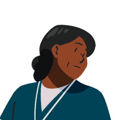 A cartoon illustration of a woman wearing blue scrubs and a white shirt