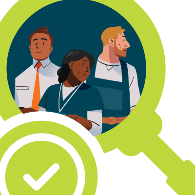 A magnifying glass is looking at a group of people with a checkmark