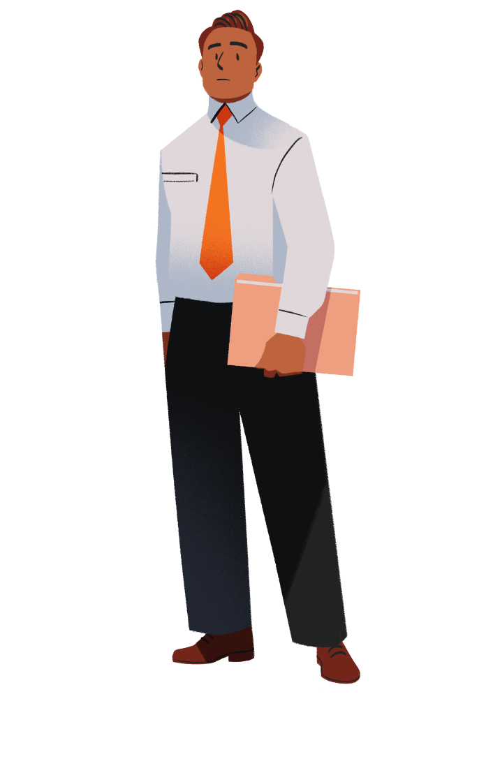 A cartoon of a man wearing a white shirt and orange tie, holding a folder