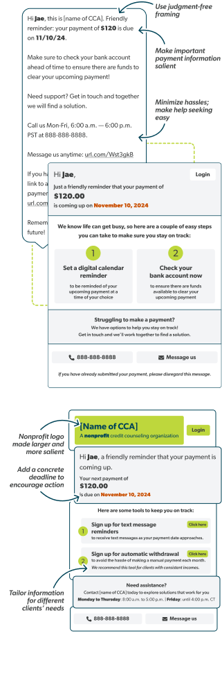 A screenshot of a redesigned text message and landing page, showing judgement-free framing, salient information, and easy help-seeking links.