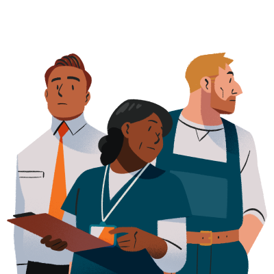 A group of three people standing next to each other, including a salesman, a contractor, and a nurse.