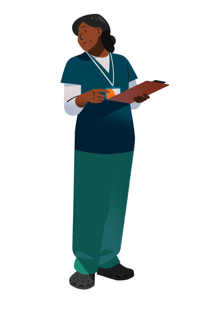 A cartoon illustration of a woman wearing blue scrubs and a white shirt holding a clipboard