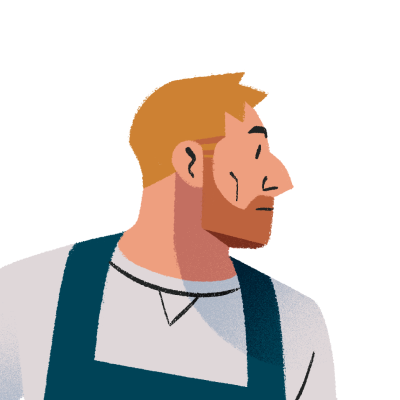 A cartoon illustration of a man with a beard and suspenders