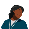 A cartoon illustration of a woman wearing blue scrubs and a white shirt