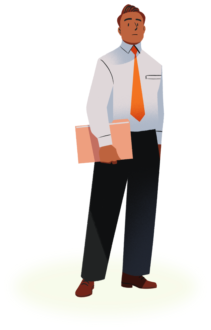 A cartoon of a man wearing a white shirt and orange tie, holding a folder
